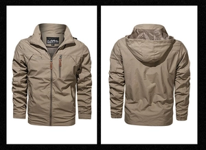Front and back view of khaki hooded jacket with chest zipper and mountain logo