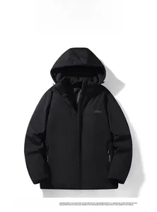 Detail view of men's black winter jacket with hooded drawstring and zipper pockets