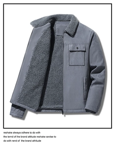 Detail of faux shearling collar and warm lining on men's dark gray workwear jacket