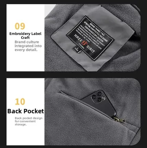 Detail of gray fleece vest featuring neck embroidery and a secure inner zipper pocket