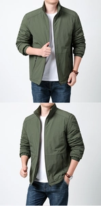 Detailed front and side views of men's military green outdoor jacket with stand collar
