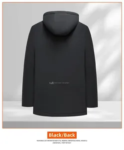 Rear view of winter jacket featuring windproof fabric and CREATION OF PROTECTION logo