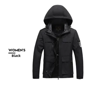 Detail of women's black hooded outdoor jacket featuring cargo pockets and adjustable cuffs