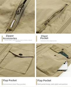 Detail view of khaki fishing vest featuring durable metal zippers and multiple utility pockets