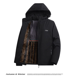 Detail view of winter hooded jacket showing warm brown faux fur lining and contrast stripes