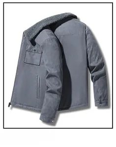 Detailed view of winter work jacket with grey fleece collar and square flap pocket