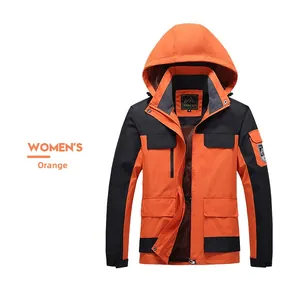 Detail of women's orange-red outdoor windbreaker with mesh lining and adjustable hood