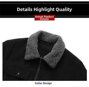Close-up of men's winter jacket collar with thick grey faux lamb wool lining and zipper