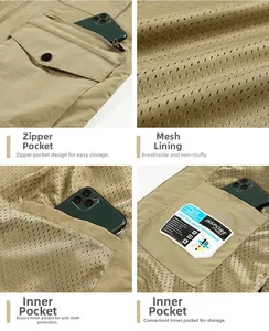 Detail of multi-pocket khaki fishing vest featuring breathable mesh lining and zipper pockets