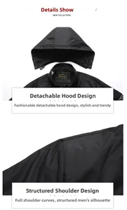 Detail of outdoor jacket showing detachable hood and reinforced shoulder structure