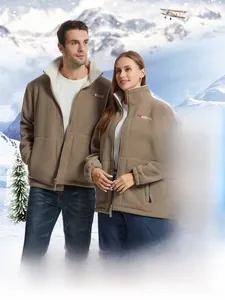 Close-up of khaki fleece jacket with stand collar and warm white sherpa lining texture