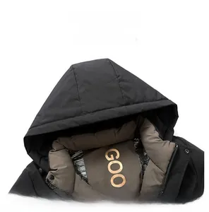 Detail of the windproof hood and inner collar with decorative lettering on black jacket
