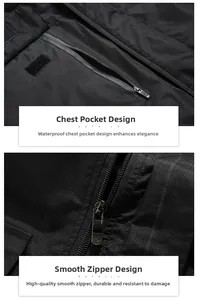 Detail of waterproof chest pocket and smooth high-quality zipper on black outdoor jacket