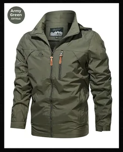 Close-up of military green outdoor jacket with waterproof zipper and logo detail