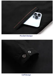 Close-up of black work jacket pockets with brown trim and silver metallic snap cuff detail