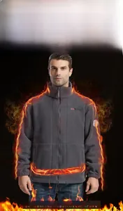 Detail of dark grey polar fleece jacket featuring stand collar and full zip closure