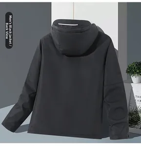 Vue arrière de la veste chauffante noire avec lignes réfléchissantes sur la capuche