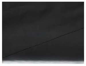Detail of waterproof black fabric showing printed mountain logo and branding text