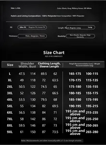 Detailed size chart for outdoor jacket with measurements from L to 9XL plus material info