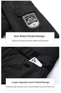 Detail of outdoor jacket showing tactical arm pocket and velcro embroidered patch