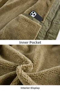 Dettaglio del gilet con cappuccio verde militare con calda fodera in pile e tasca interna