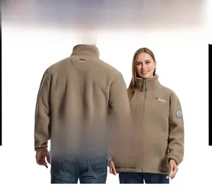 Detailed view of khaki fleece jacket with stand collar and zipper for cold weather