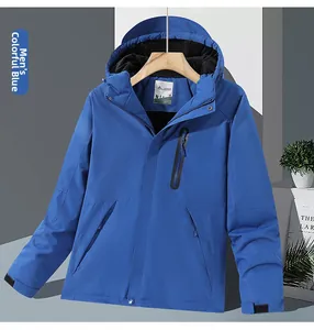 Détails de la veste chauffante bleue à capuche avec fermetures éclair étanches et poignets ajustés