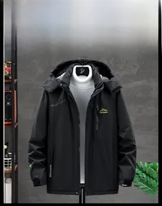 Front view of black hooded outdoor jacket with mountain logo and windproof design
