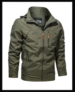 Close-up of military green outdoor hooded jacket with vertical zipper pocket and logo