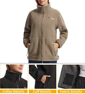 Detail showing high-density fleece fabric, embroidered logo and stand collar of the jacket