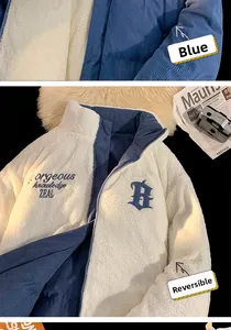 Detail of reversible jacket showing blue corduroy texture and white sherpa fleece side