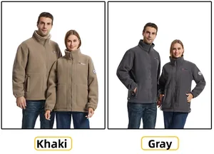 Dual view of khaki and dark grey polar fleece jackets with full zip and high collar