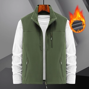 Men's fleece lined workwear vest in army green with multi-pockets and warm stand collar