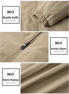 Close-up of beige outdoor jacket showing elastic cuffs and high-quality zipper detail