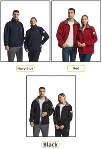 Detail view of winter fleece jackets in navy blue, red, and black with stand collar design
