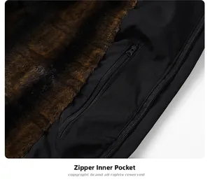 Detail of the winter jacket's warm faux fur lining and functional inner zipper pocket