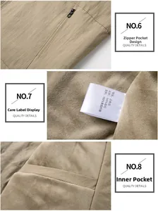 Detail view of khaki jacket showing zip pocket, inner lining, and fabric care label