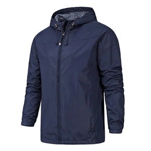 Waterproof navy blue hooded outdoor windbreaker jacket with ripstop fabric for men