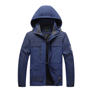 Men's outdoor blue hooded windbreaker jacket with a two-tone spliced design