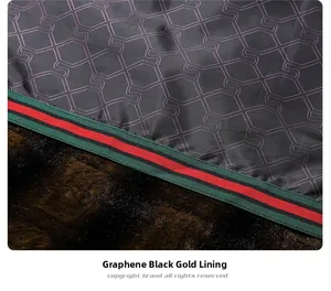 Detail of graphene black gold lining with geometric pattern and striped elastic ribbon