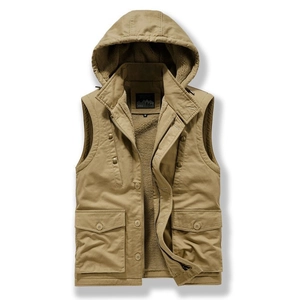 Gilet da lavoro da uomo con cappuccio color kaki, fodera in sherpa e ampie tasche
