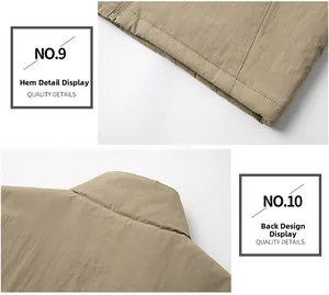 Detailed close-up of the hem and back collar of a khaki men's windbreaker jacket