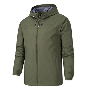 Waterproof military green outdoor hooded jacket with adjustable drawstrings and velcro cuffs