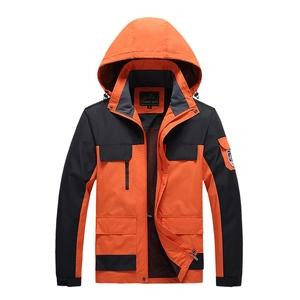 Outdoor lightweight windbreaker jacket in bright orange and black with hood and pockets