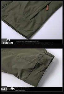 Detail view of army green outdoor jacket featuring side zip pocket and adjustable velcro cuffs