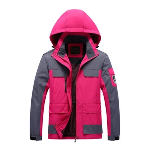 Pink and grey outdoor windbreaker jacket with hooded design and multiple functional pockets
