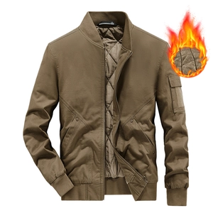 Men's khaki bomber jacket with fleece lining and diamond quilted interior for winter warmth