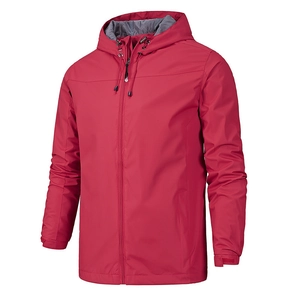 Men's outdoor windproof hooded waterproof jacket in deep red with adjustable cuffs