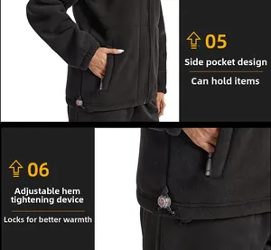 Detail of fleece jacket side pocket and adjustable drawstring hem with toggle