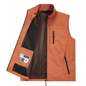 Rust red multi-pocket outdoor fishing vest with stand collar and breathable mesh lining